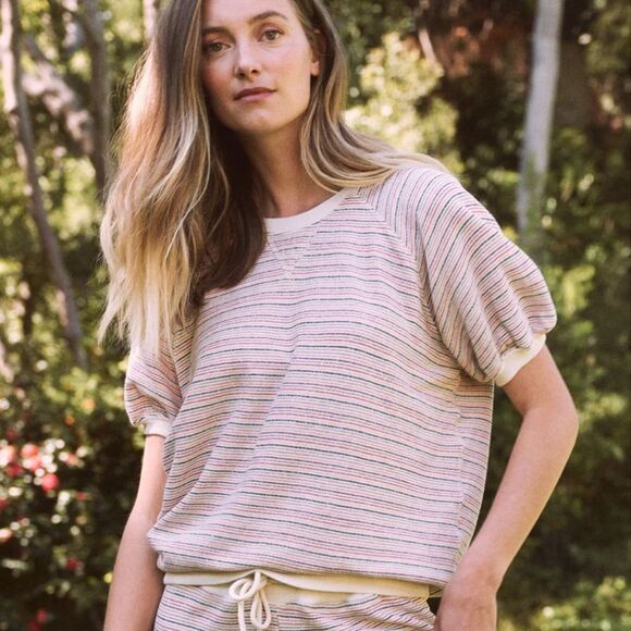 THE GREAT. Striped Crew Neck Sweater - Pink and Cream - Picture 1 of 11